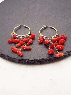 COOKIE LEE NATURAL RED CORAL DANGLING GOLDEN HOOP PIERCED EARRINGS 1